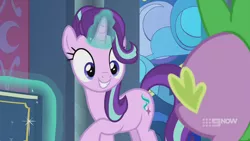 Size: 1280x720 | Tagged: safe, derpibooru import, screencap, spike, starlight glimmer, dragon, pony, unicorn, memories and more, spoiler:memories and more, spoiler:mlp friendship is forever, 9now, book, duo, levitation, looking at each other, magic, magic aura, scrapbook, smiling, telekinesis, winged spike