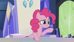 Size: 1280x720 | Tagged: safe, derpibooru import, screencap, pinkie pie, earth pony, pony, memories and more, spoiler:memories and more, spoiler:mlp friendship is forever, 9now, pointing, sitting, solo