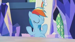 Size: 1280x720 | Tagged: safe, derpibooru import, screencap, rainbow dash, pegasus, pony, memories and more, spoiler:memories and more, spoiler:mlp friendship is forever, 9now, eyes closed, hooves up, mid-blink screencap, sitting, solo, who cares