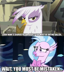 Size: 1280x1440 | Tagged: safe, derpibooru import, edit, edited screencap, editor:jaredking203, screencap, gilda, silverstream, gryphon, hippogriff, the lost treasure of griffonstone, what lies beneath, caption, female, image macro, meme, text