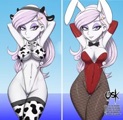 Size: 2042x2000 | Tagged: suggestive, artist:oldskullkid, derpibooru import, fleur-de-lis, equestria girls, arm behind head, armpits, belly button, bikini, bowtie, breasts, bunny ears, bunny suit, busty fleur-de-lis, clothes, commission, cow ears, cow horns, cow swimsuit, cowkini, cowprint, evening gloves, eyeshadow, female, fishnets, gloves, headband, high res, image, jpeg, leotard, long gloves, makeup, miss fleur is trying to seduce us, playboy bunny, sexy, sling bikini, smiling at you, socks, solo, solo female, string bikini, stupid sexy fleur-de-lis, swimsuit, thigh highs, thong leotard