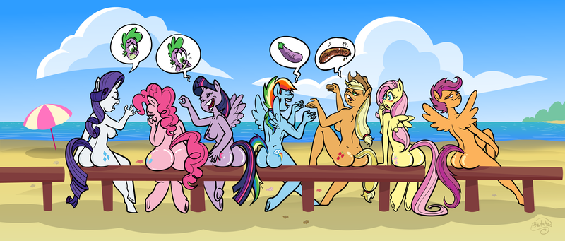 Size: 5000x2131 | Tagged: questionable, artist:brutamod, derpibooru import, applejack, fluttershy, pinkie pie, rainbow dash, rarity, scootaloo, spike, twilight sparkle, twilight sparkle (alicorn), alicorn, anthro, dragon, earth pony, pegasus, unguligrade anthro, unicorn, applebutt, areola, ass, balloonbutt, beach, blank flank, blushing, breasts, busty applejack, busty rainbow dash, busty rarity, busty scootaloo, busty twilight sparkle, butt, commission, cutie mark, erect nipples, female, females only, flutterbutt, food, horn, implied penis, implied spike, innuendo, large butt, male, mane six, meat, naked six, nipples, nude beach, nudist beach, nudity, older, older scootaloo, rainbutt dash, rearity, sausage, scootabutt, sideboob, small penis humiliation, spread wings, twibutt, wings