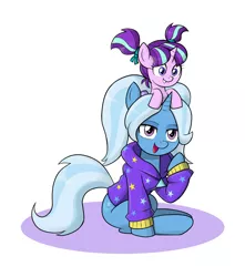 Size: 1150x1300 | Tagged: safe, artist:mew-me, derpibooru import, starlight glimmer, trixie, pony, unicorn, alternate hairstyle, babysitter trixie, clothes, cute, duo, duo female, female, filly, filly starlight glimmer, gameloft, gameloft interpretation, hoodie, mare, open mouth, pigtails, younger