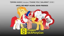 Size: 1920x1080 | Tagged: safe, artist:seaponycon, derpibooru import, oc, oc:indonisty, oc:kwankao, oc:pearl shine, oc:rosa blossomheart, oc:temmy, ponified, pony, project seaponycon, chinese text, group hug, hug, indonesia, indonesian, malay, malaysia, nation ponies, philippines, singapore, tagalog, thai, thailand