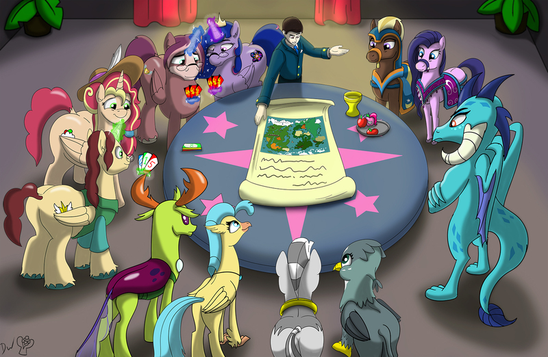 Size: 1600x1044 | Tagged: safe, artist:cactuscowboydan, author:bigonionbean, derpibooru import, amira, gabby, haakim, princess ember, princess skystar, thorax, zecora, oc, oc:king calm merriment, oc:king speedy hooves, oc:queen galaxia, oc:queen motherly morning, oc:tommy the human, alicorn, changedling, changeling, classical hippogriff, dragon, gryphon, hippogriff, human, pony, saddle arabian, zebra, my little pony: the movie, adult, alicorn oc, alicorn princess, apple, apple pinkie, aunt and nephew, butt, card game, changeling king, clothes, commissioner:bigonionbean, crown, cup, cutie mark, dragoness, extra thicc, father and child, father and son, female, flank, food, fruit, fusion, fusion:king calm merriment, fusion:king speedy hooves, fusion:queen galaxia, fusion:queen motherly morning, future, glasses, hat, horn, human oc, husband and wife, jewelry, king thorax, magic, male, map, map of equestria, mare, mother and child, mother and son, plot, regalia, scroll, stallion, suit, table, thicc ass, uncle and nephew, uno, wings