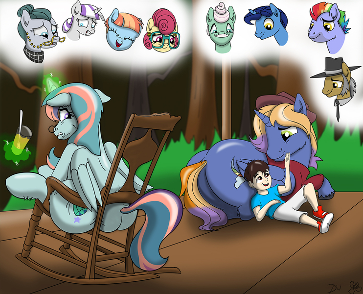 Size: 1500x1213 | Tagged: safe, artist:cactuscowboydan, author:bigonionbean, derpibooru import, bow hothoof, cloudy quartz, gentle breeze, igneous rock pie, night light, posey shy, twilight velvet, windy whistles, oc, oc:aerial agriculture, oc:earthing elements, oc:tommy the human, alicorn, earth pony, human, pegasus, pony, unicorn, alicorn oc, butt, clothes, commissioner:bigonionbean, cup, extra thicc, female, flank, forest, fusion, fusion:aerial agriculture, fusion:earthing elements, glasses, grandfather and grandchild, grandfather and grandson, grandmother and grandchild, grandmother and grandson, grandparents and grandchildren, hair bun, hat, horn, human oc, husband and wife, juice, lemonade, magic, male, necktie, nuzzling, petting, plot, rocking chair, squishy cheeks, straw, thicc ass, thought bubble, wings