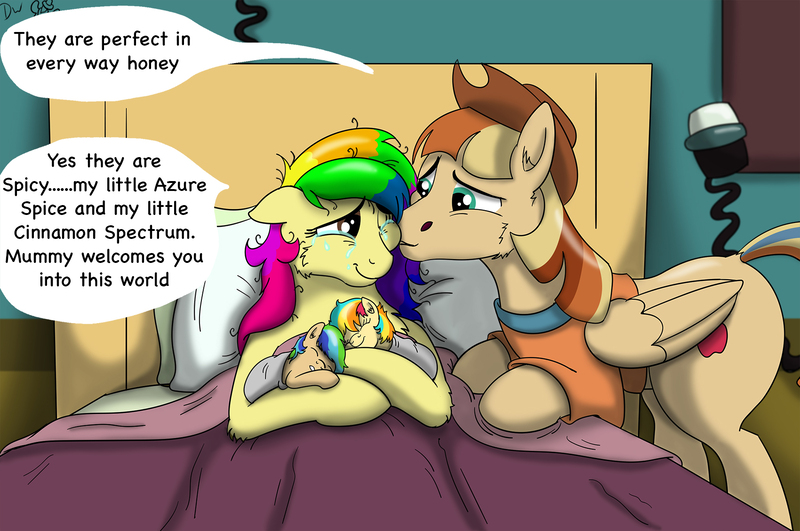 Size: 1700x1129 | Tagged: safe, artist:cactuscowboydan, author:bigonionbean, derpibooru import, oc, oc:rainbow tashie, oc:spicy cider, earth pony, pegasus, pony, baby, baby pony, bed, children, clothes, colt, commissioner:bigonionbean, cowboy hat, crying, cute, cutie mark, daaaaaaaaaaaw, dialogue, dishevelled, father and child, father and daughter, father and son, female, filly, foal, fusion, fusion:spicy cider, hat, hospital, hospital bed, husband and wife, jumpsuit, love, male, mare, mother and child, mother and daughter, mother and son, nuzzling, offspring, romance, sleeping, stallion, tears of joy, unkempt mane