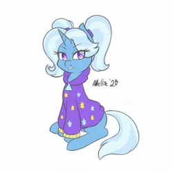 Size: 1200x1200 | Tagged: safe, artist:melliedraws, derpibooru import, trixie, pony, unicorn, alternate hairstyle, babysitter trixie, clothes, female, gameloft, gameloft interpretation, hoodie, jacket, looking at you, mare, pigtails, simple background, sitting, solo, twintails, white background