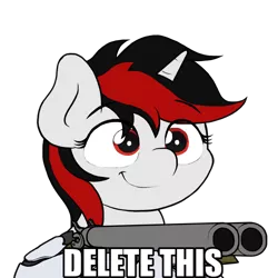 Size: 768x768 | Tagged: safe, artist:ljdamz1119, derpibooru import, edit, oc, oc:blackjack, unofficial characters only, cyborg, pony, unicorn, fallout equestria, fallout equestria: project horizons, caption, cyber legs, delet this, fallout, fanfic art, gun, image macro, level 1 (project horizons), meme, shotgun, simple background, solo, text, transparent background, weapon