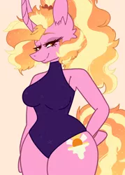 Size: 2500x3500 | Tagged: suggestive, artist:namiiarts, derpibooru import, luster dawn, anthro, unicorn, the last problem, bedroom eyes, breasts, busty luster dawn, clothes, curved horn, female, horn, leotard, looking sideways, mare, simple background, smiling, solo, solo female, wide hips