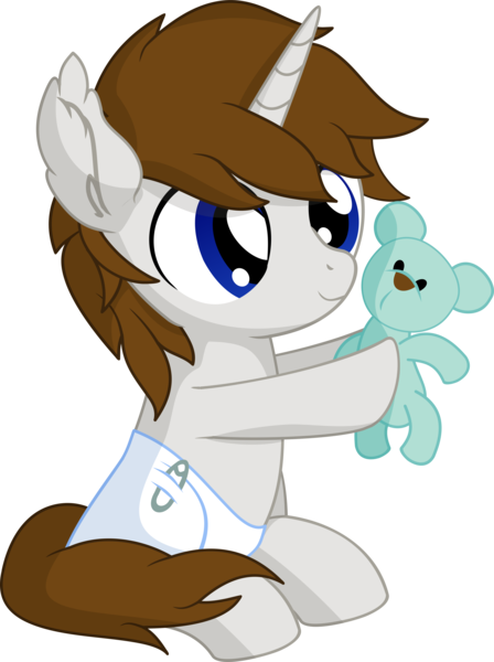 Size: 5686x7616 | Tagged: safe, artist:cyanlightning, derpibooru import, oc, oc:sentinel shield, pony, unicorn, .svg available, absurd resolution, baby, baby pony, colt, cute, diaper, foal, holding, male, ocbetes, plushie, simple background, smiling, solo, teddy bear, transparent background, vector, younger