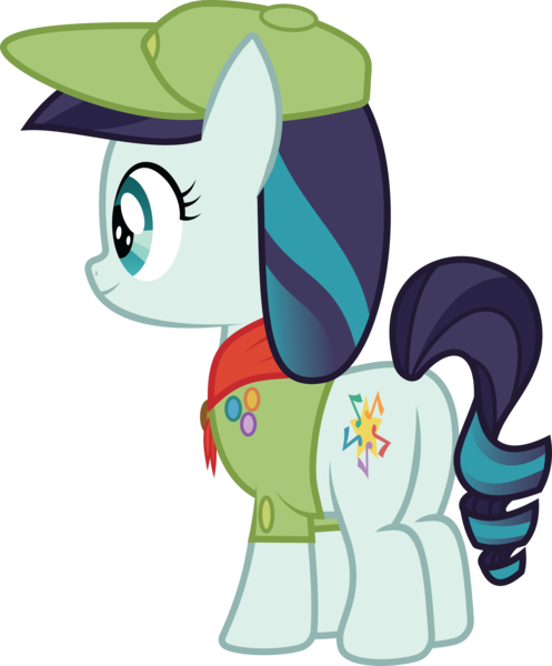 Size: 7311x8819 | Tagged: safe, artist:wissle, derpibooru import, coloratura, pony, absurd resolution, badge, camp friendship, clothes, female, filly, hat, mare, rara, rear view, scarf, scout, scout uniform, simple background, smiling, solo, transparent background, vector, younger