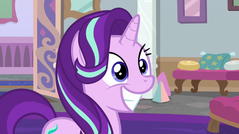 Size: 1920x1080 | Tagged: safe, derpibooru import, screencap, starlight glimmer, pony, unicorn, a horse shoe-in, cute, excited, female, glimmerbetes, grin, hair flip, looking at someone, mare, smiling, solo