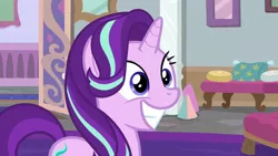 Size: 1920x1080 | Tagged: safe, derpibooru import, screencap, starlight glimmer, pony, unicorn, a horse shoe-in, cute, excited, female, glimmerbetes, grin, hair flip, looking at someone, mare, smiling, solo