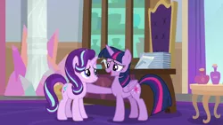 Size: 1920x1080 | Tagged: safe, derpibooru import, screencap, starlight glimmer, twilight sparkle, twilight sparkle (alicorn), alicorn, pony, unicorn, a horse shoe-in, duo, female, mare, origami, paper