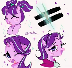 Size: 2048x1920 | Tagged: safe, artist:spoosha, derpibooru import, starlight glimmer, pony, unicorn, age progression, blushing, clothes, equal cutie mark, female, filly, filly starlight glimmer, laughing, older, older starlight glimmer, one eye closed, pigtails, solo, staff, staff of sameness, wink, younger