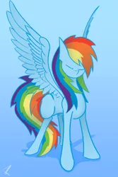 Size: 1600x2400 | Tagged: safe, artist:kridershot, derpibooru import, rainbow dash, pegasus, pony, blue background, eyes closed, female, mare, simple background, solo