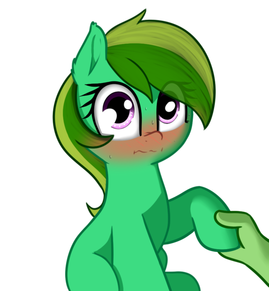 Size: 830x898 | Tagged: safe, artist:neuro, derpibooru import, oc, oc:anon, oc:coral, unofficial characters only, earth pony, human, pony, /mlp/, blushing, female, holding hooves, hoof hold, human on pony hoof holding, mare, phonepones, simple background, sweat, transparent background
