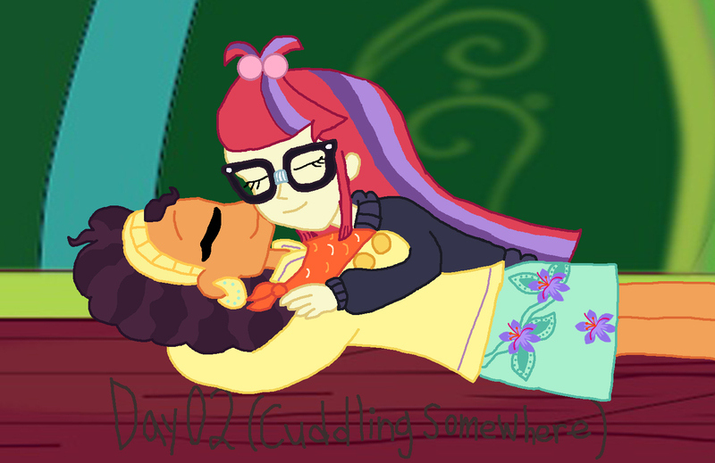 Size: 1500x973 | Tagged: safe, artist:ktd1993, derpibooru import, moondancer, saffron masala, equestria girls, 30 day otp challenge, cuddling, female, lesbian, moonmasala, shipping