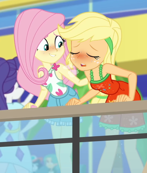 Size: 1041x1225 | Tagged: questionable, derpibooru import, edit, edited screencap, screencap, applejack, fluttershy, rarity, equestria girls, equestria girls series, spring breakdown, spoiler:eqg series (season 2), blushing, clothes, cropped, duo focus, implied sex toy, remote control, sex toy, sleeveless, sweat, vaginal secretions, vibrator