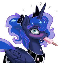 Size: 8000x8000 | Tagged: safe, alternate version, artist:kp-shadowsquirrel, artist:parclytaxel, derpibooru import, edit, princess luna, alicorn, pony, .svg available, absurd resolution, alternate hairstyle, background removed, blushing, eating, embarrassed, female, food, looking at you, mare, messy eating, plewds, ponytail, popsicle, question mark, scrunchy face, shading, simple background, solo, sucking, surprised, sweat, transparent background, vector, wide eyes