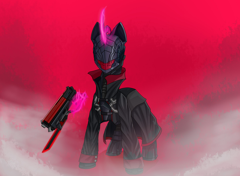 Size: 3250x2380 | Tagged: safe, artist:singovih, derpibooru import, oc, cyborg, pony, unicorn, armor, cyberpunk, female, mare, soldier pony, solo, weapon