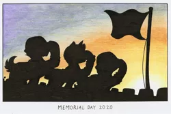 Size: 1280x856 | Tagged: safe, artist:ravenpuff, deleted from derpibooru, derpibooru import, oc, oc:clyde, oc:dale, oc:effect, pony, flag, memorial day, silhouette, traditional art