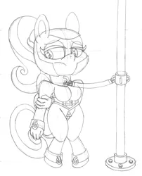 Size: 2442x3025 | Tagged: suggestive, artist:supra80, derpibooru import, fluttershy, anthro, bat pony, pegasus, unguligrade anthro, my little pony: pony life, ankle cuffs, bdsm, black and white, bodysuit, bondage, breasts, busty fluttershy, catsuit, clothes, collar, corset, cuffs, female, femsub, flutterbat, gimp suit, grayscale, hitching post, hood, latex, latex suit, leash, lineart, monochrome, ponytail, posture collar, race swap, rubbershy, sketch, solo, solo female, submissive, tether, traditional art, wings