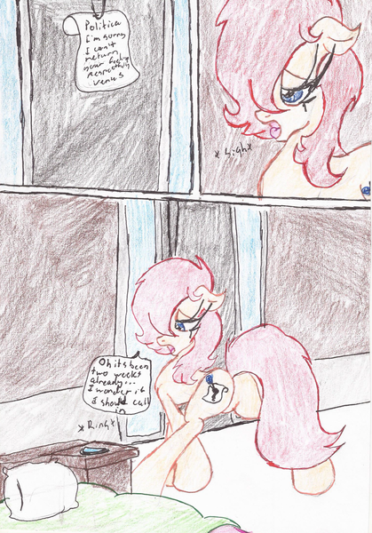 Size: 1528x2188 | Tagged: alarm, artist:wyren367, bed, bedroom, colored pencil drawing, comic, comic:politica's rebound, derpibooru import, dialogue, female, floppy ears, indoors, mare, note, oc, oc:politica segreta, pillow, sad, safe, speech bubble, talking, traditional art