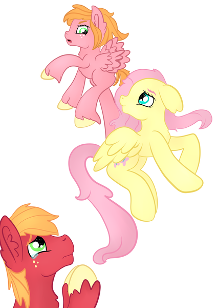 Size: 2059x2912 | Tagged: safe, artist:bewarethemusicman, derpibooru import, big macintosh, fluttershy, oc, oc:little darlin', pony, crying, family, female, fluttermac, flying, flying lesson, liquid pride, male, offspring, parent:big macintosh, parent:fluttershy, parents:fluttermac, shipping, simple background, straight, teary eyes, white background