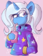 Size: 709x926 | Tagged: safe, artist:vampymatsu, derpibooru import, trixie, pony, unicorn, alternate hairstyle, babysitter trixie, bust, clothes, drink, hoodie, pigtails, solo, twintails