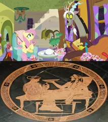 Size: 1280x1440 | Tagged: candy, derpibooru import, discord, discordant harmony, discord's house, edit, edited screencap, female, fluttershy, food, hades, male, marshmallow, persephone, safe, screencap, unfortunate implications