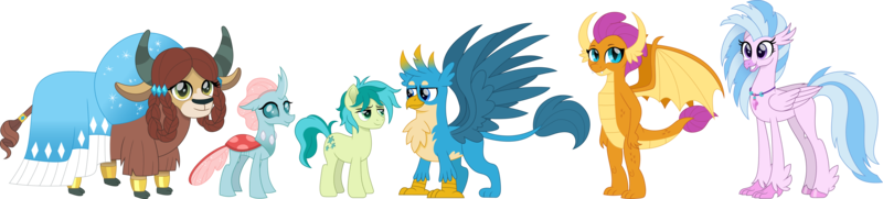 Size: 6648x1500 | Tagged: safe, artist:cloudyglow, derpibooru import, gallus, ocellus, sandbar, silverstream, smolder, yona, changedling, changeling, dragon, earth pony, gryphon, pony, yak, cloudyglowverse, alternate universe, cloven hooves, cute, cutie mark, diaocelles, diastreamies, gallabetes, gallbar, gay, jewelry, male, monkey swings, movie accurate, necklace, older, older gallus, older ocellus, older sandbar, older silverstream, older smolder, older yona, sandabetes, shipping, simple background, smiling, smolderbetes, student six, transparent background, yonadorable