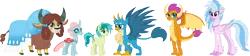 Size: 6648x1500 | Tagged: safe, artist:cloudyglow, derpibooru import, gallus, ocellus, sandbar, silverstream, smolder, yona, changedling, changeling, dragon, earth pony, gryphon, pony, yak, cloudyglowverse, alternate universe, cloven hooves, cute, cutie mark, diaocelles, diastreamies, gallabetes, gallbar, gay, jewelry, male, monkey swings, movie accurate, necklace, older, older gallus, older ocellus, older sandbar, older silverstream, older smolder, older yona, sandabetes, shipping, simple background, smiling, smolderbetes, student six, transparent background, yonadorable