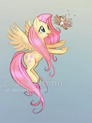 Size: 400x539 | Tagged: safe, artist:savagebinn, derpibooru import, fluttershy, bird, pegasus, pony, female, flying, flying lesson, helping, learning to fly, looking at someone, looking up, mare, obtrusive watermark, open mouth, reaching, smiling, solo, spread wings, trying to fly, watermark, wings