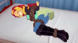 Size: 1192x670 | Tagged: suggestive, artist:csxz, derpibooru import, sunset shimmer, human, equestria girls, bed, bondage, boots, bound and gagged, breasts, clothes, eyes closed, gag, koikatsu, on bed, rope, rope bondage, shoes, tape, tape gag, tied up, unconscious