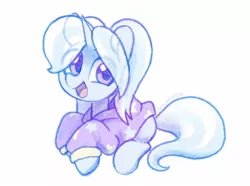 Size: 1500x1115 | Tagged: safe, artist:dawnfire, derpibooru import, trixie, pony, unicorn, alternate hairstyle, babysitter trixie, clothes, cute, diatrixes, female, gameloft interpretation, hoodie, looking at you, lying down, mare, pigtails, prone, simple background, solo, twintails, white background