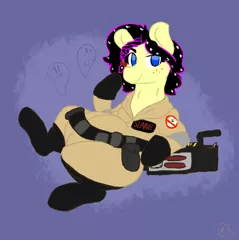 Size: 1352x1358 | Tagged: safe, artist:somefrigginnerd, derpibooru import, oc, oc:sunnie bun, unofficial characters only, earth pony, pony, belt, chubby, commission, cute, earth pony oc, female, ghostbusters, ghoststuffers, looking at you, mare, on back, proton pack, simple background, solo