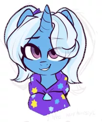 Size: 541x650 | Tagged: safe, artist:colorfulcolor233, derpibooru import, trixie, pony, unicorn, alternate hairstyle, babysitter trixie, bedroom eyes, bust, clothes, cute, diatrixes, female, gameloft interpretation, hoodie, looking at you, mare, pigtails, portrait, simple background, smiling, solo, white background, wip