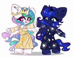 Size: 2500x2000 | Tagged: safe, artist:etoz, derpibooru import, princess celestia, princess luna, alicorn, pony, bipedal, blushing, clothes, colored hooves, crescent moon, crown, cute, dress, duo, ear fluff, female, high res, jewelry, mare, moon, open mouth, regalia, royal sisters, siblings, simple background, sisters, stars, sun, white background