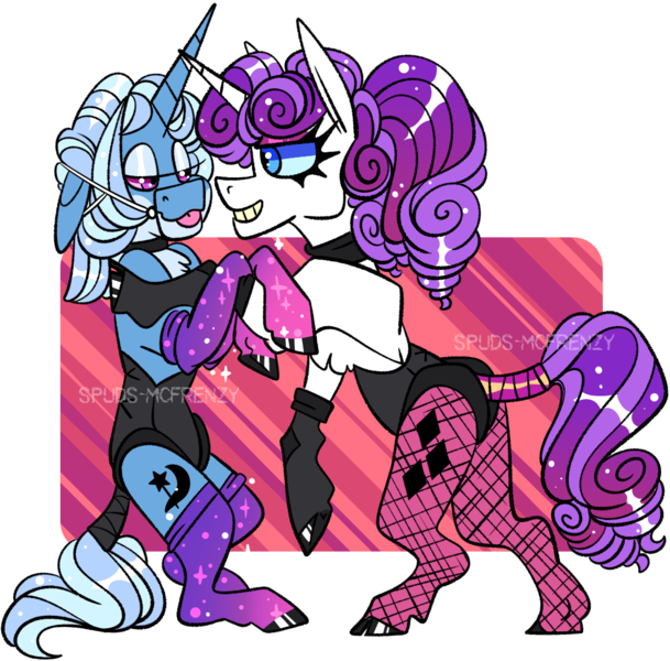 Size: 1066x1050 | Tagged: safe, artist:spuds-mcfrenzy, derpibooru import, rarity, trixie, pony, unicorn, bipedal, bridle, clothes, corset, face mask, female, fishnets, lesbian, mare, rarixie, shipping, simple background, tack, transparent background