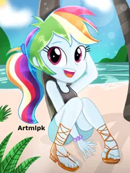 Size: 1536x2048 | Tagged: safe, artist:artmlpk, derpibooru import, rainbow dash, equestria girls, 2020, 2020s, adorable face, adorkable, alternate hairstyle, beach, beautiful, bracelet, clothes, cute, dashabetes, digital art, dork, feet, female, jewelry, looking at you, multicolored hair, ocean, open mouth, palm tree, pink eyes, plant, plants, ponytail, rainbow dash always dresses in style, sand, sandals, scrunchie, shorts, sitting, sleeveless, smiley face, smiling, smiling at you, solo, sun, tanktop, tomboy, tree, water, wiggling toes