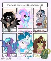 Size: 3300x3989 | Tagged: safe, derpibooru import, oc, unofficial characters only, bat pony, original species, pegasus, plant pony, pony, unicorn, six fanarts, bat pony oc, bat wings, bedroom eyes, bust, ethereal mane, horn, long tongue, open mouth, pegasus oc, plant, smiling, spread wings, starry mane, tongue out, unicorn oc, wings