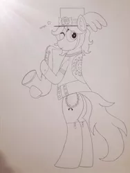 Size: 960x1280 | Tagged: safe, artist:laurelcrown, derpibooru import, oc, oc:laurel crown, unofficial characters only, earth pony, black and white, destination calabria, earth pony oc, grayscale, monochrome, musical instrument, one eye closed, saxophone, solo, standing, traditional art, wink