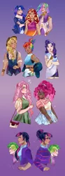 Size: 1858x5000 | Tagged: alternate hairstyle, applejack, applejack's hat, artist:bunnari, bag, blushing, bracelet, choker, clothes, cowboy hat, dark skin, derpibooru import, dress, ear piercing, earring, eyeshadow, female, flannel, fluttershy, freckles, glasses, hat, headcanon, human, humanized, human spike, jewelry, lipstick, makeup, male, mane seven, mane six, nail polish, open mouth, overalls, piercing, pinkie pie, princess celestia, princess luna, rainbow dash, rarity, royal sisters, safe, sci-twi, shirt, skirt, spike, sports bra, sunset shimmer, tanktop, tattoo, t-shirt, twilight sparkle