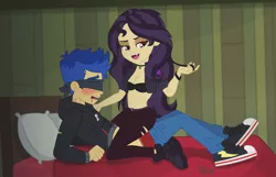 Size: 3000x1927 | Tagged: semi-grimdark, suggestive, artist:felux, derpibooru import, flash sentry, sunset shimmer, vampire, costume conundrum, equestria girls, equestria girls series, spoiler:eqg series (season 2), alternate hairstyle, bad, bed, bedroom eyes, belly button, blindfold, blood, blushing, boots, breasts, cleavage, clothes, converse, eyelashes, eyeshadow, fangs, female, femdom, flashimmer, forced, imminent sex, jewelry, makeup, male, midriff, neck biting, necklace, on bed, open mouth, pillow, playing with hair, sexy, shipping, shoes, show accurate, smiling, smirk, straight, vampire shimmer
