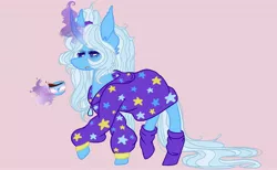 Size: 3500x2160 | Tagged: safe, artist:namiiarts, derpibooru import, trixie, pony, unicorn, alternate hairstyle, babysitter trixie, clothes, cup, food, glowing horn, hoodie, horn, lgbt headcanon, magic, magic aura, pink background, pride, pride flag, simple background, socks, solo, tea, teacup, transgender pride flag