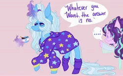 Size: 3500x2160 | Tagged: safe, alternate version, artist:namiiarts, derpibooru import, starlight glimmer, trixie, pony, unicorn, ..., alternate hairstyle, babysitter trixie, clothes, cup, dialogue, food, glowing horn, hoodie, horn, lgbt headcanon, magic, magic aura, pink background, pride, pride flag, simple background, socks, tea, teacup, trans trixie, transgender, transgender pride flag, waving