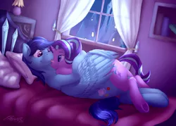 Size: 2791x2000 | Tagged: safe, artist:azzunyr, derpibooru import, starlight glimmer, oc, oc:sierra nightingale, pegasus, pony, unicorn, bed, bedroom, bedroom eyes, bookshelf, canon x oc, crystal empire, cuddling, female, glimmgale, hug, looking at each other, male, smiling, tongue out, winghug, wings