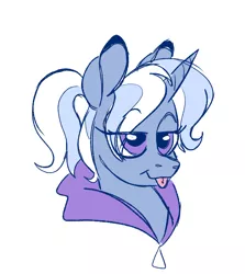 Size: 674x757 | Tagged: safe, artist:woollily, derpibooru import, trixie, pony, unicorn, alternate hairstyle, babysitter trixie, bust, clothes, hoodie, pigtails, simple background, solo, twintails, white background